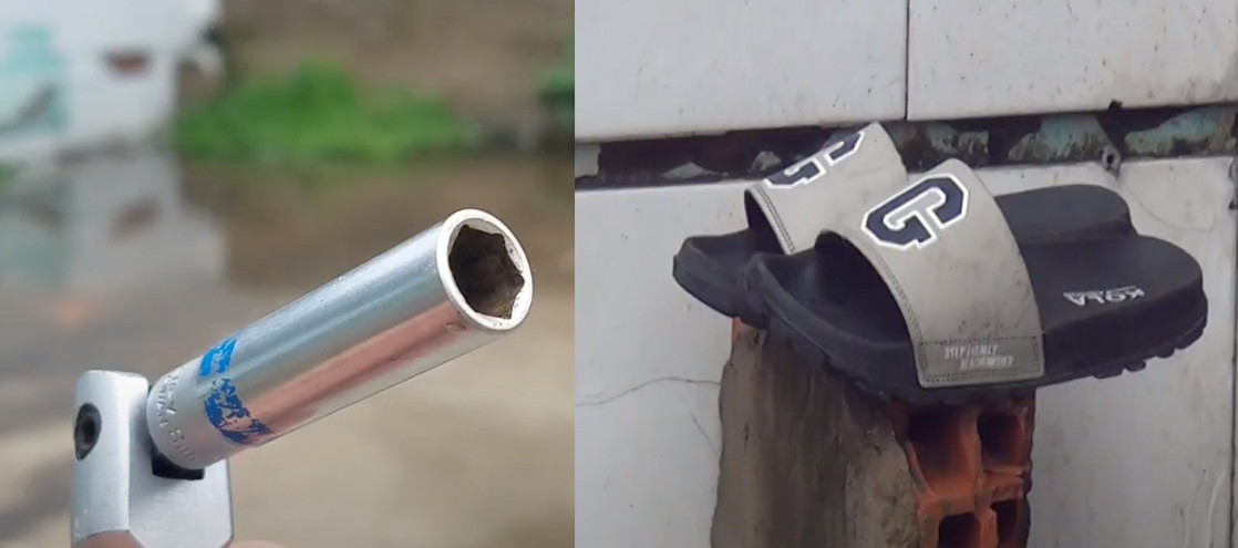 Dụng cụ mở ốc vít và đôi dép nghi của kẻ gian để lại hiện trường.