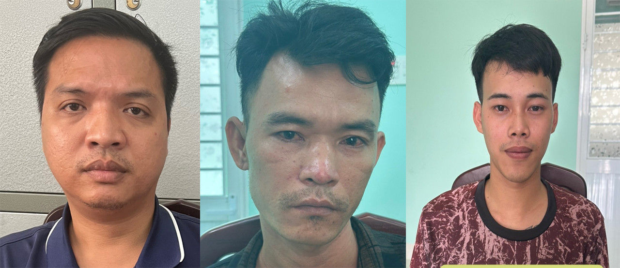 Từ trái qua, các đối tượng Sơn, Kiệt và Mỹ tại cơ quan công an. Từ trái qua, các đối tượng Sơn, Kiệt và Mỹ tại cơ quan công an.