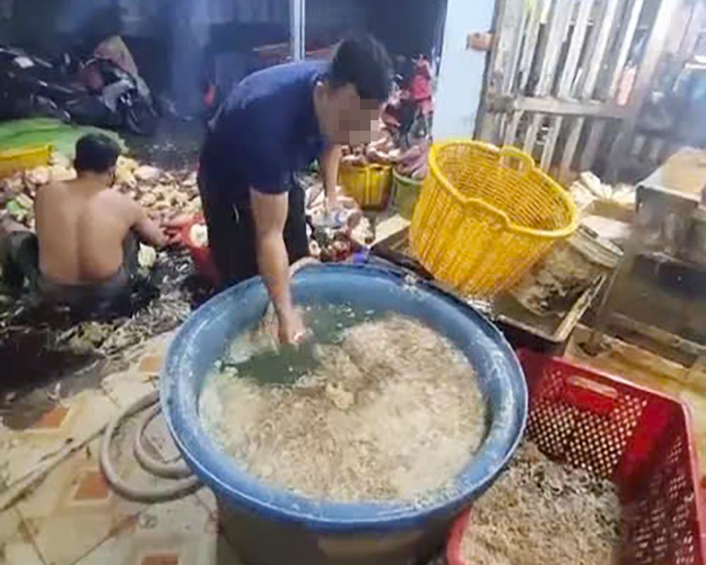 Bắp chuối sau khi bào sẽ được ngâm vào hóa chất để tẩy trắng. Ảnh: C.A.