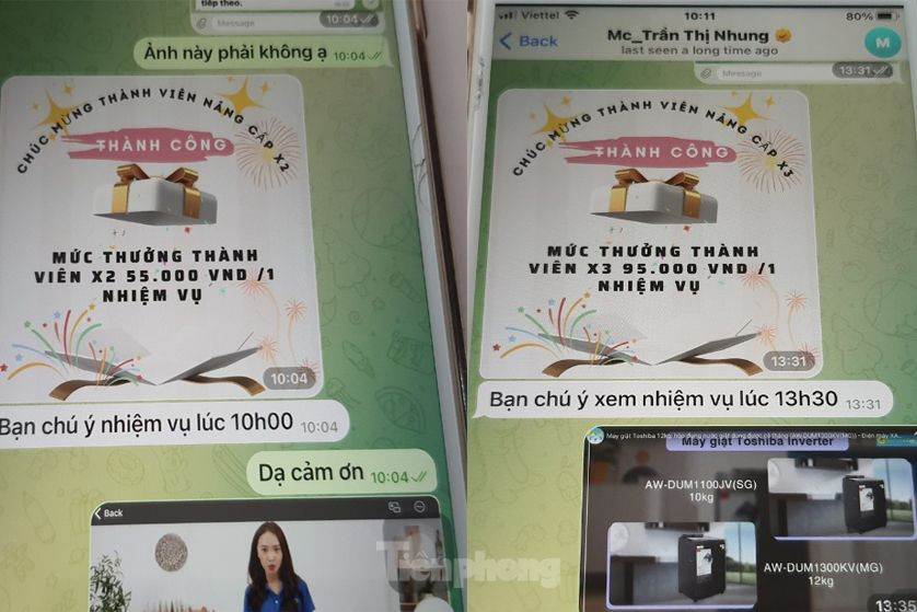Sau khi xem video, bà N chụp hình gửi vào nhóm Telegram để báo cáo thì sẽ nhận được tiền công. Ảnh: Hoàng Thuận. Sau khi xem video, bà N chụp hình gửi vào nhóm Telegram để báo cáo thì sẽ nhận được tiền công. Ảnh: Hoàng Thuận.