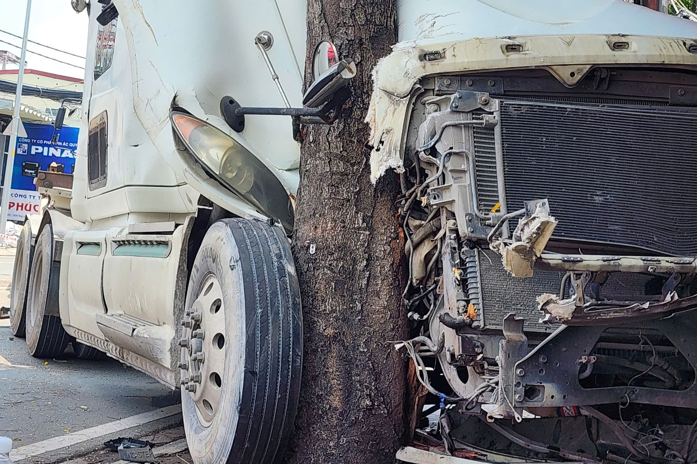 Phần đầu xe găm chặt vào gốc cây xanh. Ảnh: Đ.V. Phần đầu xe găm chặt vào gốc cây xanh. Ảnh: Đ.V.