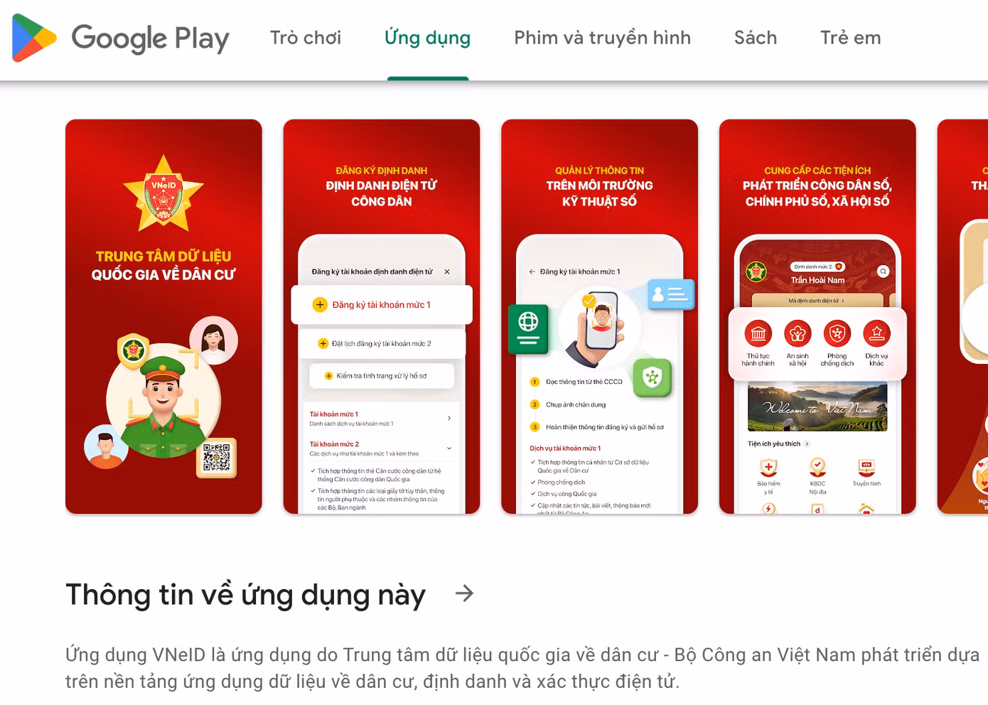 Cơ quan công an khuyến cáo người dân sử dụng điện thoại di động có hệ điều hành Android thì tải ứng dụng VNeID trên CH Play. Ảnh chụp màn hình.