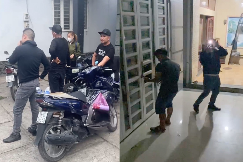 Nhóm người thuê thợ đến cắt ổ khóa cũ và thay ổ khóa mới.