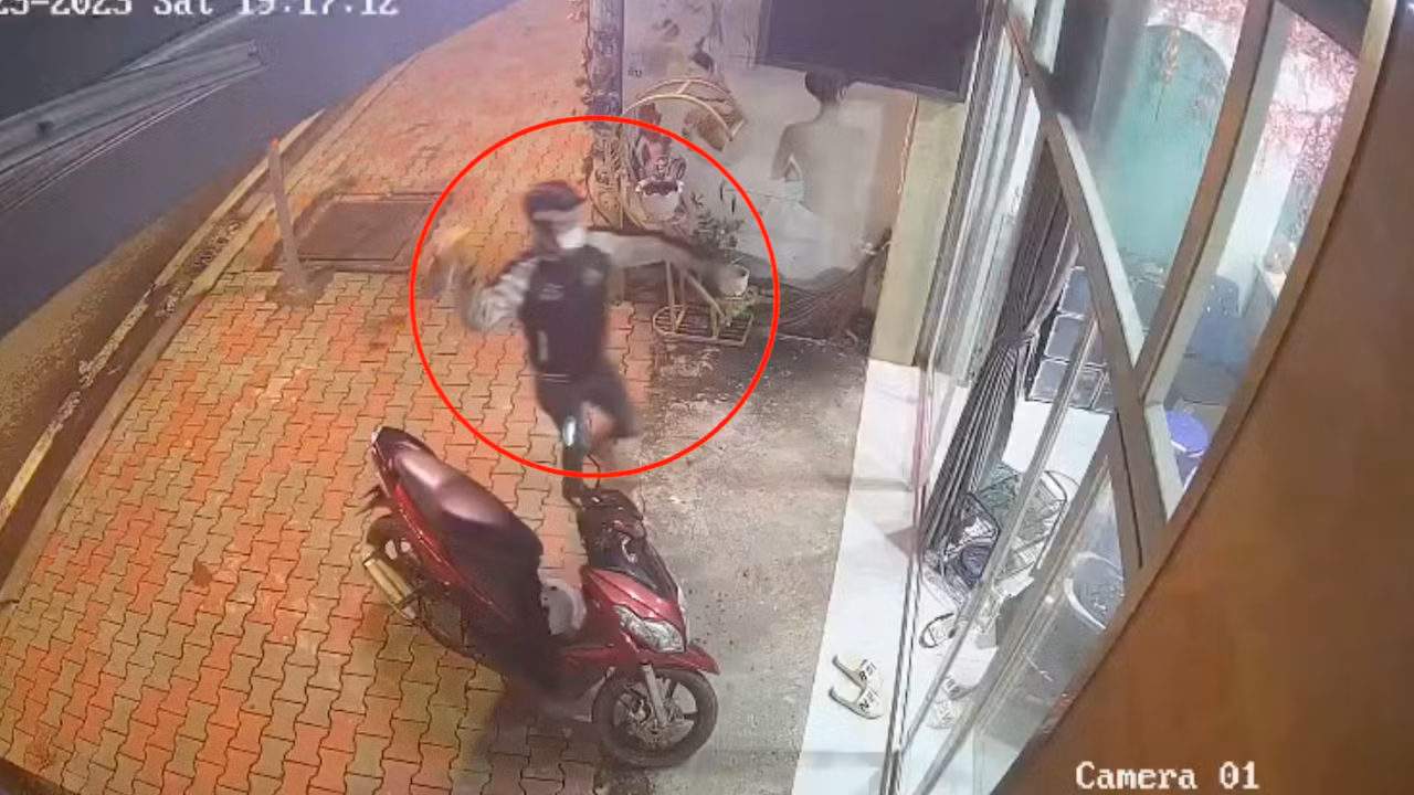 Camera ghi cảnh tiệm spa của chị N bị tạt mắm tôm. Ảnh cắt từ clip. Camera ghi cảnh tiệm spa của chị N bị tạt mắm tôm. Ảnh cắt từ clip.