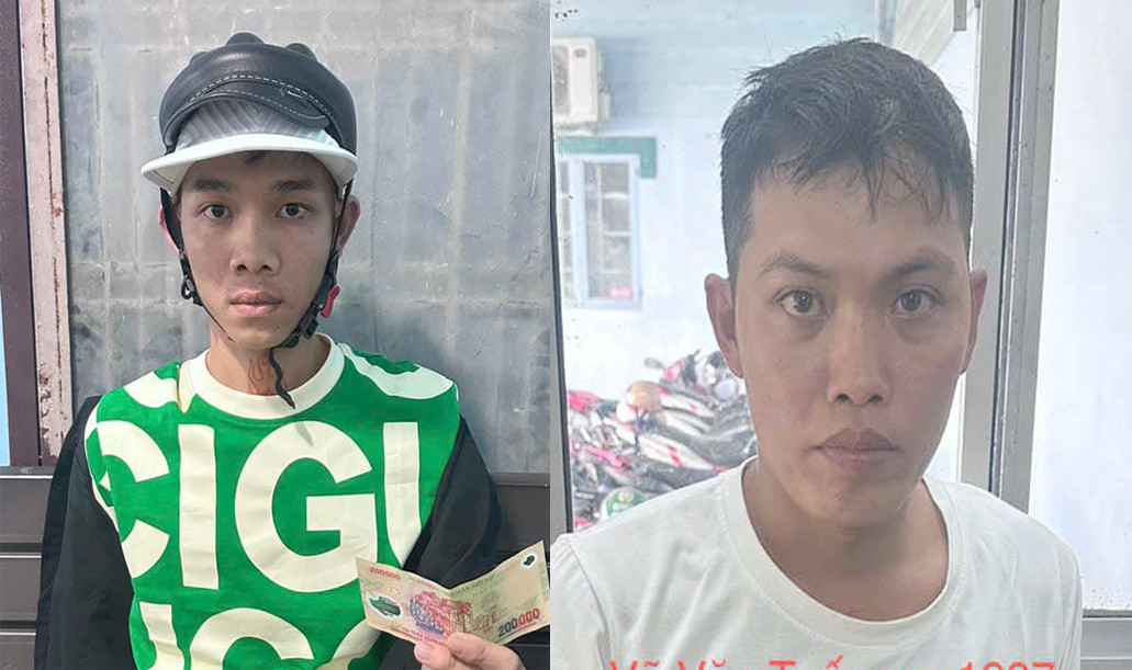 Đối tượng Duy (bên trái) và Tuấn tại cơ quan công an. Ảnh: C.A.