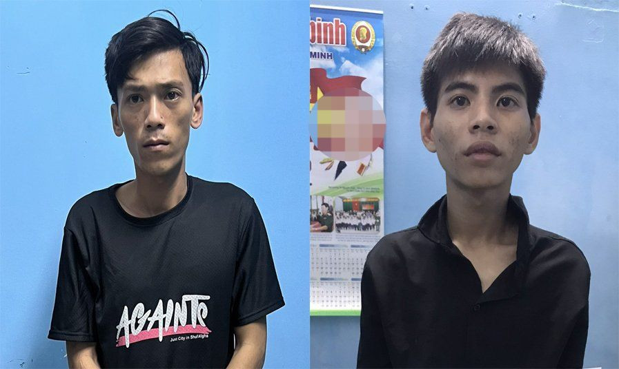 Nguyễn Văn Sơn (bên trái) và Luân tại cơ quan công an. Ảnh: Công an cung cấp.