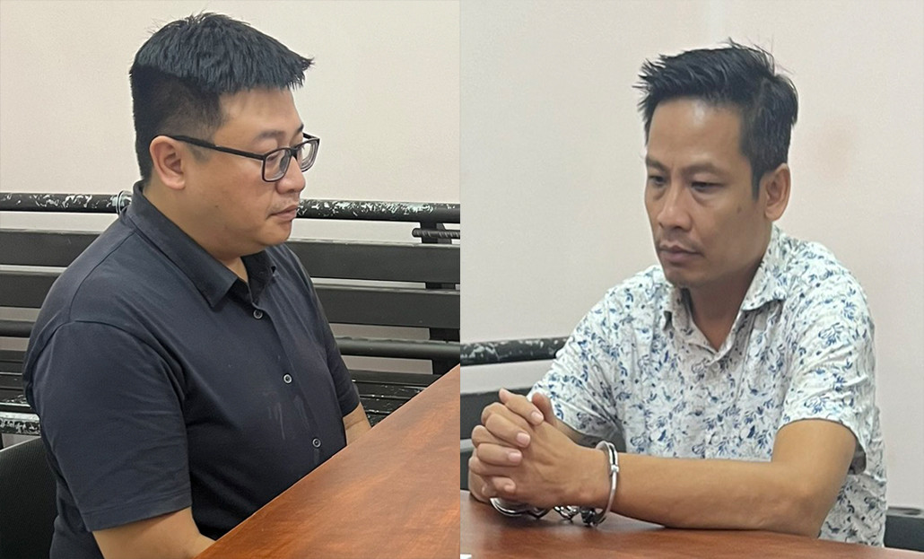 Nguyễn Gia Lộc (bên trái) và Nguyễn Nhật Tùng tại cơ quan công an. Ảnh: Công an cung cấp.