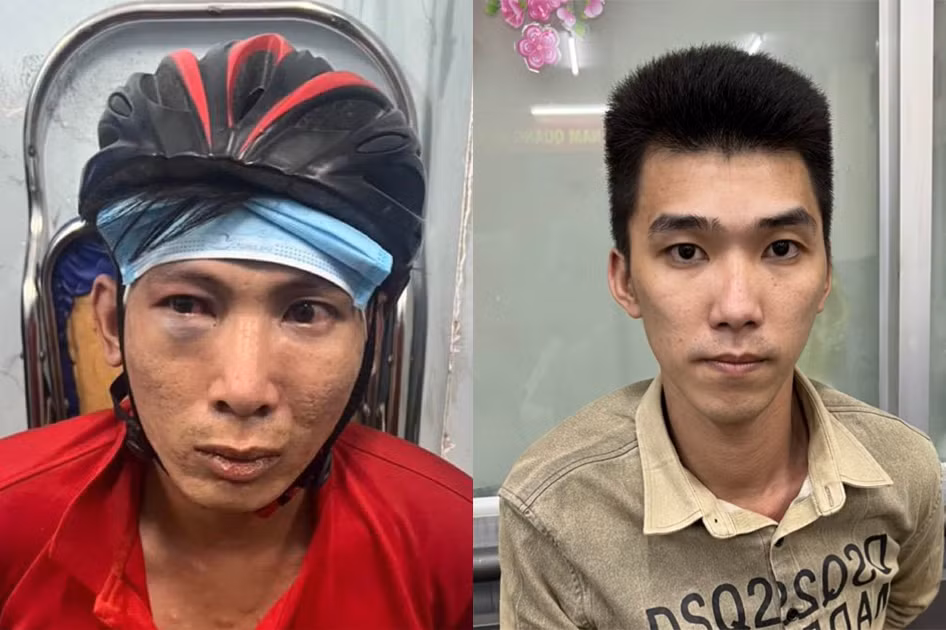 Nguyễn Công Thuận (áo đỏ) và Tài tại cơ quan công an.