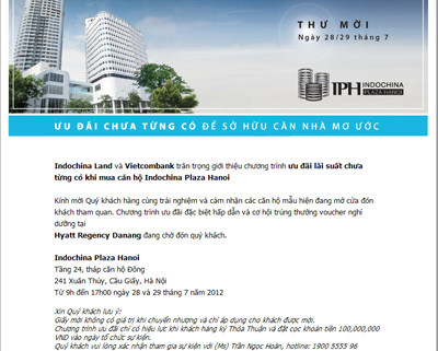 Thư mời đến xem thử căn hộ mẫu được một nhà băng gửi cho khách hàng. Thư mời đến xem thử căn hộ mẫu được một nhà băng gửi cho khách hàng