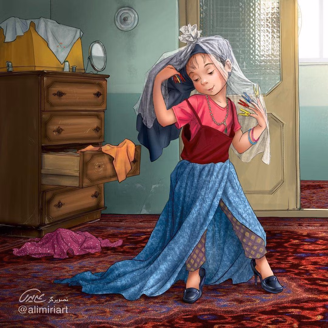Các “cô nương” hóa trang thành “thần tiên tỷ tỷ” khi mẹ vắng nhà. (Ảnh: alimiriart)