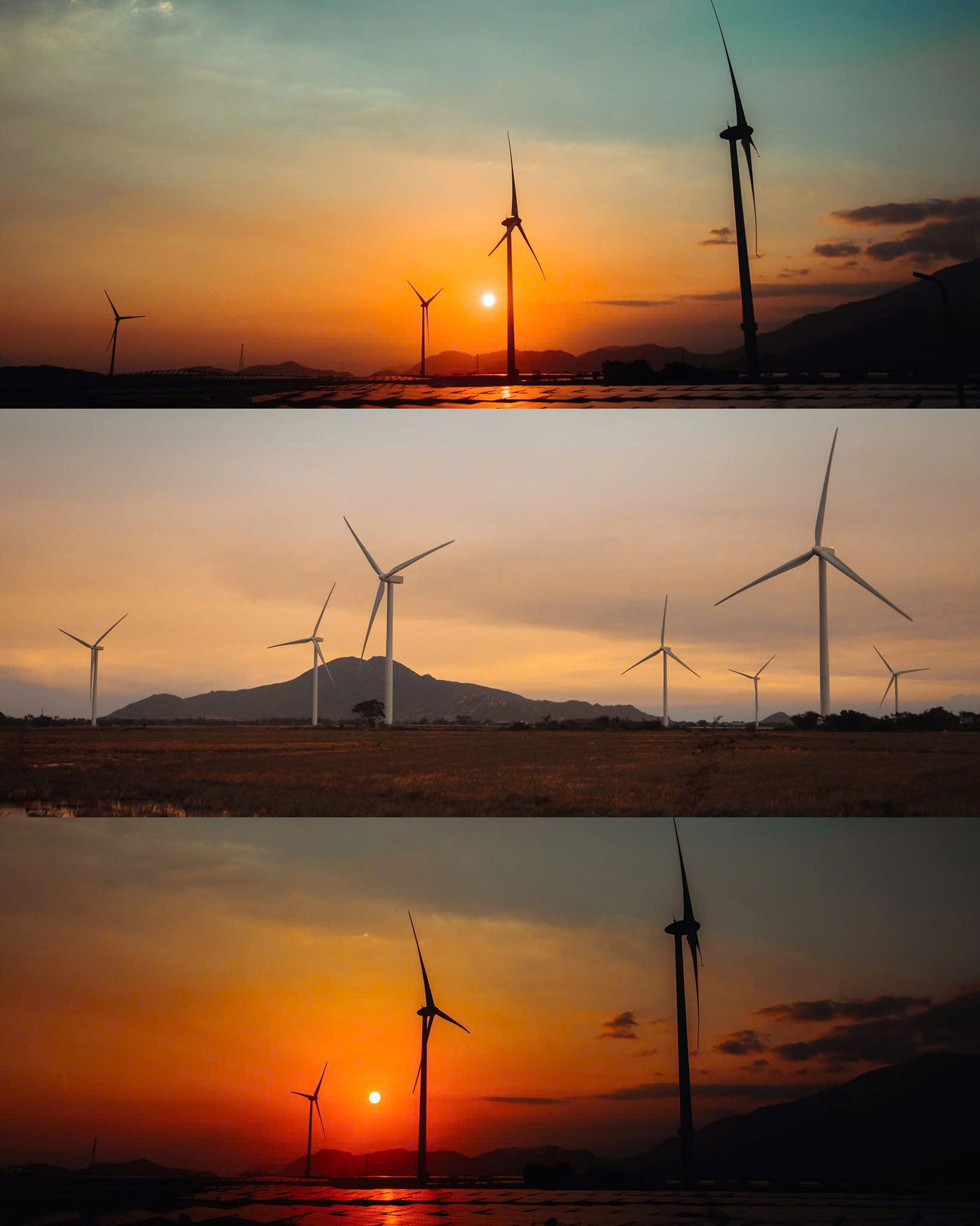 Hoàng hôn lung linh tại cánh đồng điện gió Đầm Nại. (Ảnh: Hà Hiển)