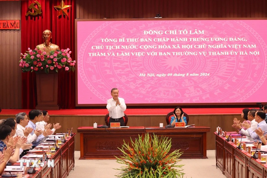 Tổng Bí thư, Chủ tịch nước Tô Lâm làm việc với Ban Thường vụ Thành ủy Hà Nội. Ảnh: Văn Điệp/TTXVN Tổng Bí thư, Chủ tịch nước Tô Lâm làm việc với Ban Thường vụ Thành ủy Hà Nội. Ảnh: Văn Điệp/TTXVN