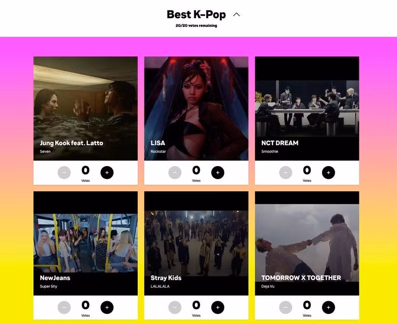 Jungkook và Lisa là hai cái tên solo duy nhất trong đề cử hạng mục Kpop hay nhất.