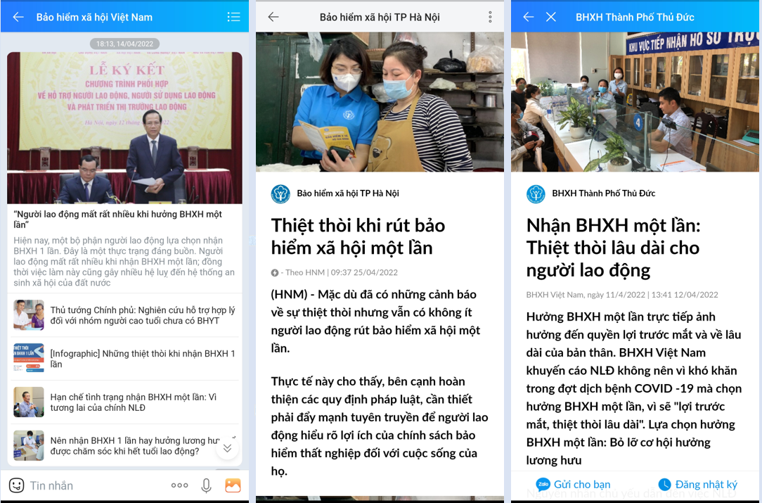 BHXH các tỉnh thành đẩy mạnh truyền thông về BHXH qua các tài khoản Zalo. Ảnh chụp màn hình.