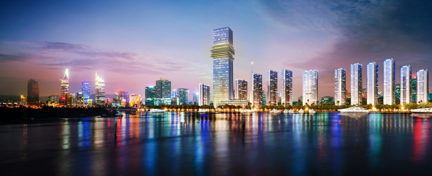 Tòa nhà văn phòng – TTTM The Sun Tower trong khu phức hợp BĐS hàng hiệu Grand Marina, Saigon. Ảnh: Masterise Homes