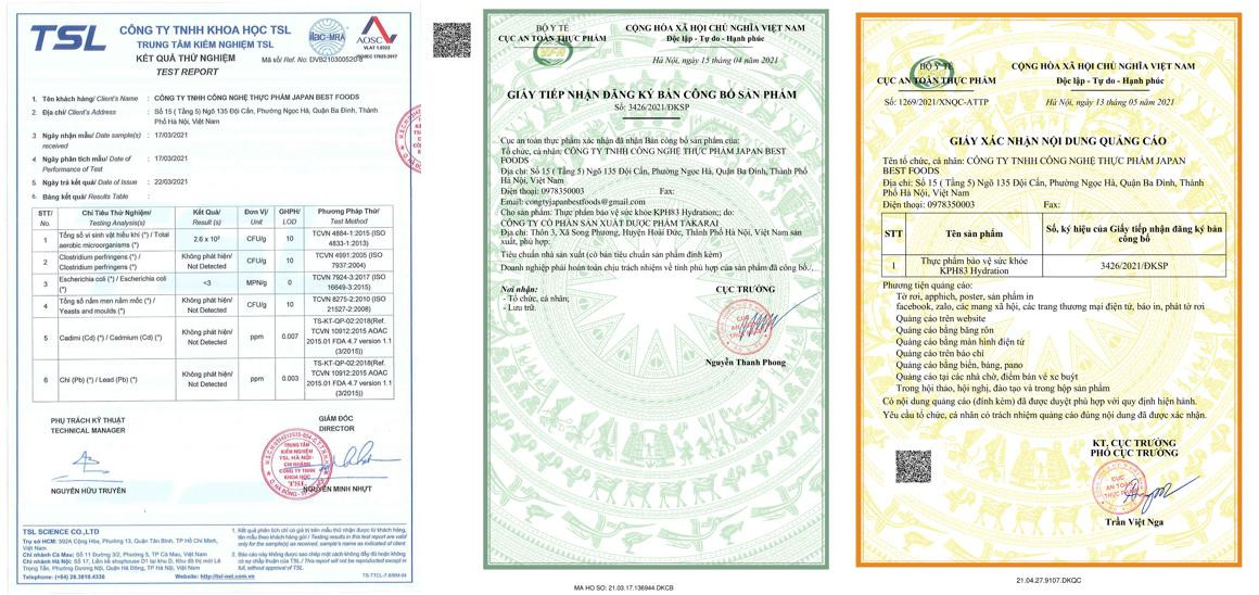 Giấy kiểm định - Giấy công bố sản phẩm - Giấy phép quảng cáo của KPH83 Giấy kiểm định - Giấy công bố sản phẩm - Giấy phép quảng cáo của KPH83