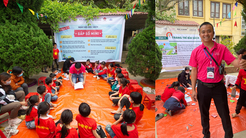 Phụ trách gian “Trang trí bìa sách” một trong những trò chơi đòi hỏi sự khéo léo của các em học sinh, anh Nguyễn Mạnh Hùng – 1 trong 10 tình nguyện viên từ Nhà máy chế biến hoa quả tươi và thảo dược Vân Hồ (trực thuộc Tập đoàn TH) vui mừng chia sẻ: “Mình làm việc tại Vân Hồ nên rất muốn tham gia các hoạt động dành cho trẻ em nơi đây. Mình và các tình nguyện viên đã trực tiếp xây dựng và triển khai các hoạt động của Ngày hội với mong muốn lan tỏa tình yêu sách với các em học sinh, và mang đến cho các em một ngày trải nghiệm thật vui vẻ!”. Anh Hùng cùng 29 tình nguyện viên khác đã thu xếp công việc trong 2 ngày để tham gia chuẩn bị và tổ chức Ngày hội cho các em.