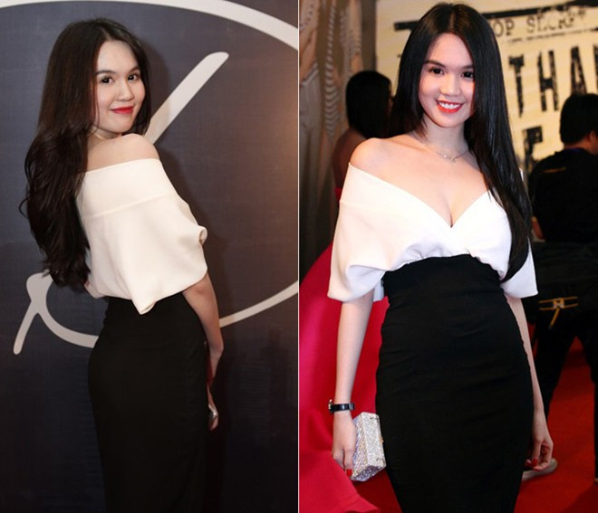 Trong bộ váy đen trắng, “nữ hoàng nội y” hướng mọi con mắt tới vòng 1 được che hờ trong phần cổ thuyền xẻ táo bạo tới khe ngực, thay vì phần bụng dưới khá to của cô