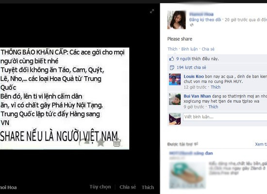 Một số thành viên trên Facebook chia sẻ thông tin kèm theo lời nhắn: “Nếu là người Việt Nam hãy share cảnh báo này” hoặc “vì sức khỏe Việt Nam hãy share”, khiến tin đồn ngày càng lan tỏa rộng rãi!. Một số thành viên trên Facebook chia sẻ thông tin kèm theo lời nhắn: “Nếu là người Việt Nam hãy share cảnh báo này” hoặc “vì sức khỏe Việt Nam hãy share”, khiến tin đồn ngày càng lan tỏa rộng rãi!