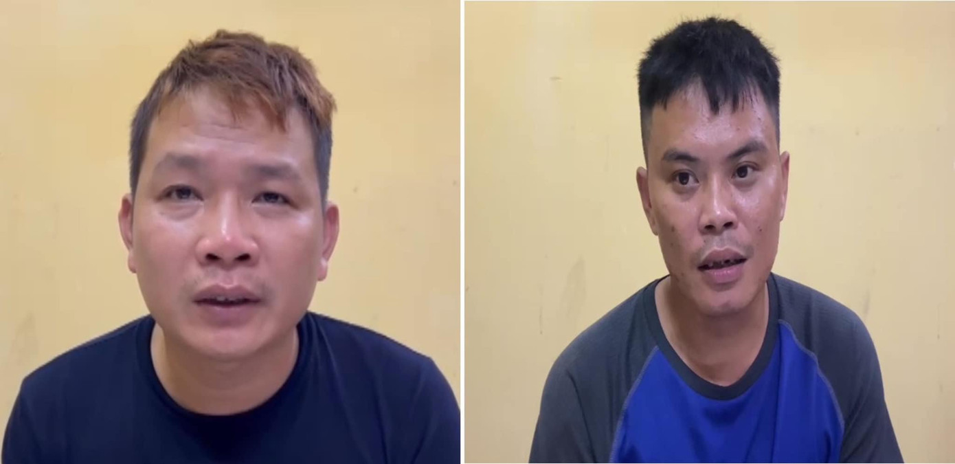 Hai đối tượng Đinh Tiến Mạnh và Nguyễn Việt Thắng tại cơ quan điều tra.