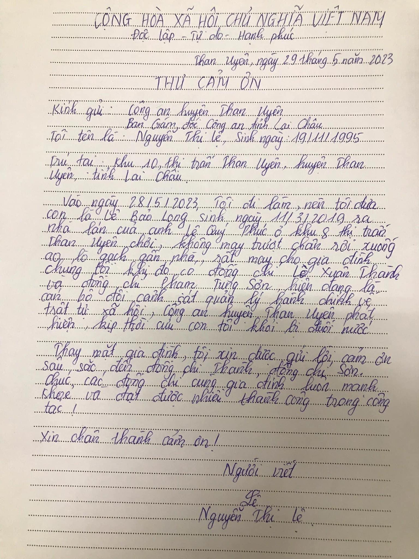 Thư cảm ơn của gia đình bé trai 4 tuổi bị đuối nước gửi tới công an huyện Than Uyên Thư cảm ơn của gia đình bé trai 4 tuổi bị đuối nước gửi tới công an huyện Than Uyên
