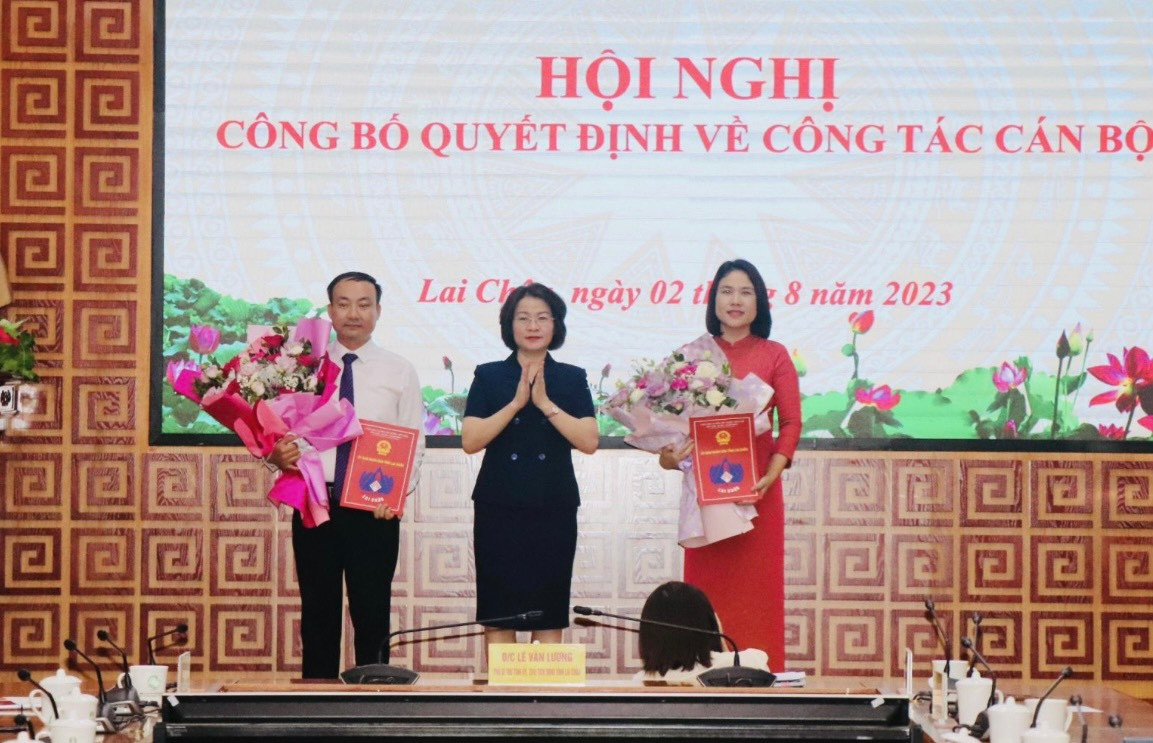 Bà Lê Thị Hường (giữa) - Ủy viên Ban Thường vụ Tỉnh ủy, Trưởng Ban Tổ chức Tỉnh ủy tặng hoa chúc mừng 2 đồng chí được bổ nhiệm. Bà Lê Thị Hường (giữa) - Ủy viên Ban Thường vụ Tỉnh ủy, Trưởng Ban Tổ chức Tỉnh ủy tặng hoa chúc mừng 2 đồng chí được bổ nhiệm.