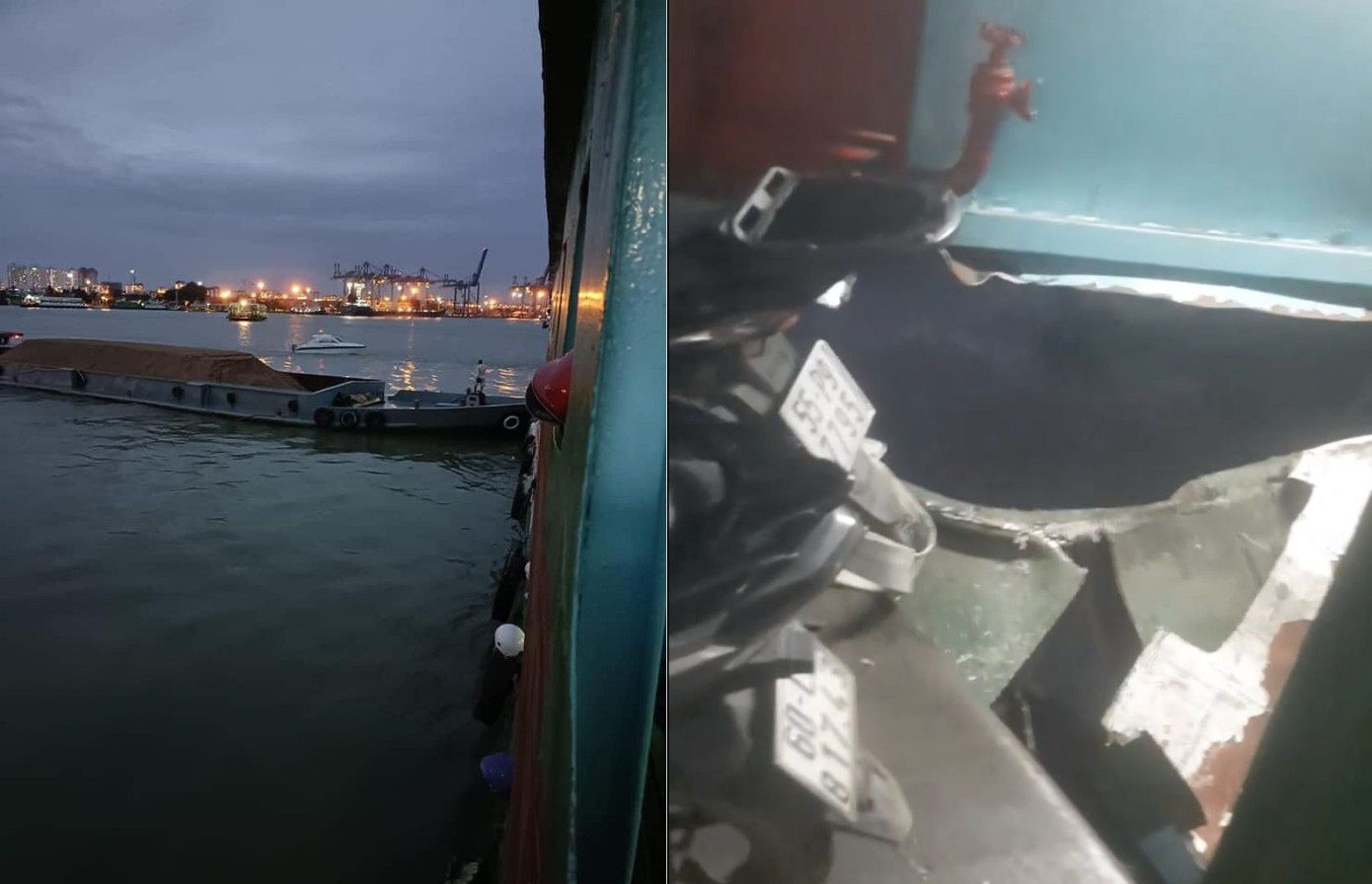 Sà lan tông vào mạn bên hông của phà chở khách (ảnh trái) và vị trí nơi xảy ra vụ va chạm. Sà lan tông vào mạn bên hông của phà chở khách (ảnh trái) và vị trí nơi xảy ra vụ va chạm.