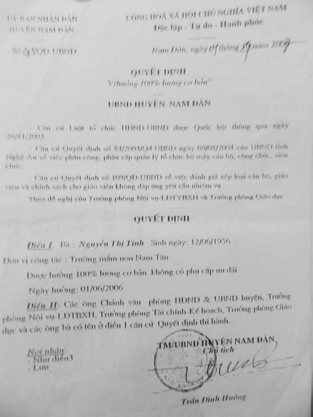 Quyết định nâng lương của UBND huyện Nam Đàn đối với giáo viên đã nghỉ việc. Quyết định nâng lương của UBND huyện Nam Đàn đối với giáo viên đã nghỉ việc