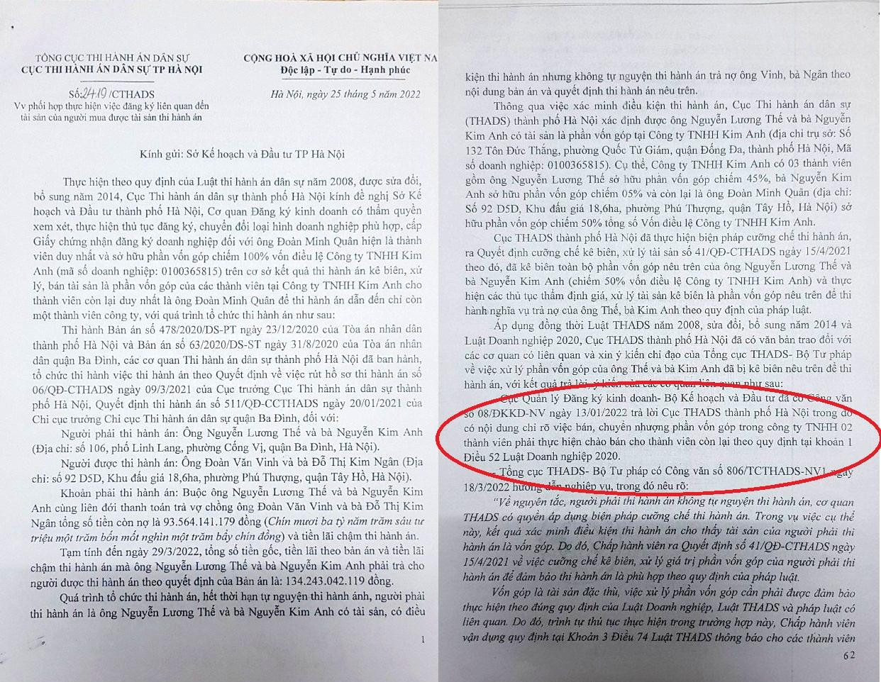 Văn bản của Cục THADS gửi Sở Kế hoạch và Đầu tư Hà Nội nói rõ về việc ông Quân đang sở hữu 100% vốn điều lệ tại Công ty Kim Anh. Văn bản của Cục THADS gửi Sở Kế hoạch và Đầu tư Hà Nội nói rõ về việc ông Quân đang sở hữu 100% vốn điều lệ tại Công ty Kim Anh.
