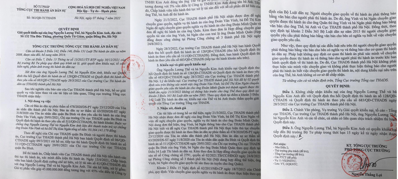 Văn bản trả lời của Tổng cục Thi hành án dân sự nêu rõ không chấp nhận khiếu nại của ông Thế và bà Kim Anh. Văn bản trả lời của Tổng cục Thi hành án dân sự nêu rõ không chấp nhận khiếu nại của ông Thế và bà Kim Anh.