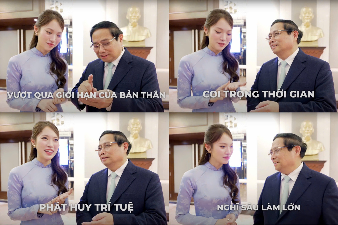 Những lời nhắn nhủ của Thủ tướng Phạm Minh Chính dành cho thế hệ trẻ Việt Nam. Nguồn: Khánh Vy Official. Những lời nhắn nhủ của Thủ tướng Phạm Minh Chính dành cho thế hệ trẻ Việt Nam. Nguồn: Khánh Vy Official.