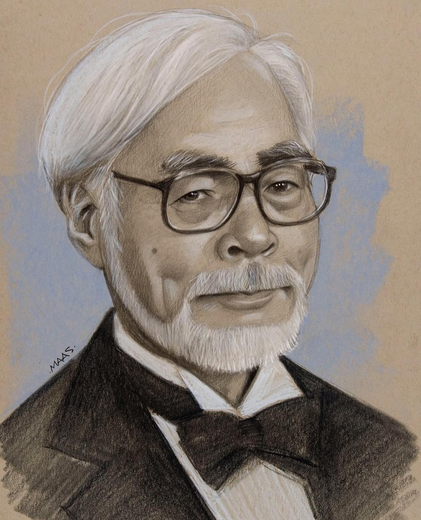 Tranh vẽ chân dung họa sĩ Hayao Miyazaki. Ảnh: @maas.art