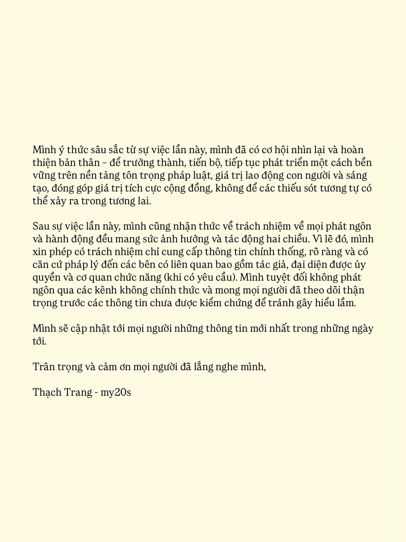 Thạch Trang gửi lời xin lỗi đến người hâm mộ. Ảnh: @thach_trangg