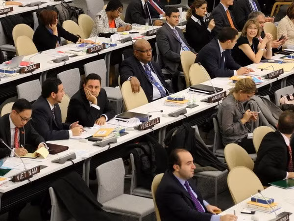 Đại sứ Lê Hoài Trung dẫn đầu đoàn Việt Nam tham gia phiên họp. (Ảnh: Lê Dương-Quang Tuyến/Vietnam+)