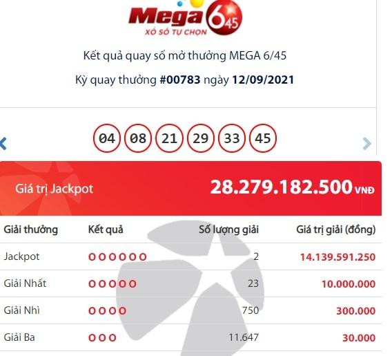 Kết quả xổ số Vietlott Mega 6/45 tối 12/9. Kết quả xổ số Vietlott Mega 6/45 tối 12/9.