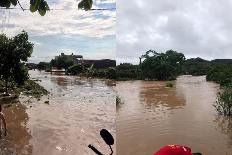 Nhiều khu vực ở xã Tân Hoa - nơi gia đình cô dâu sinh sống bị ngập lụt do mưa lũ vào ngày 10/5 vừa qua khiến việc di chuyển, tham gia giao thông rất khó khăn (Ảnh: Chính Ka Ka).