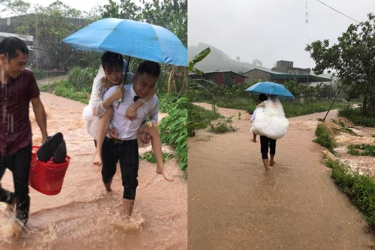 Khoảnh khắc chú rể xắn quần, lội nước, cõng cô dâu trên lưng khi đường ngập do mưa lũ nhận được nhiều sự chú ý trên mạng xã hội (Ảnh: Chính Ka Ka).