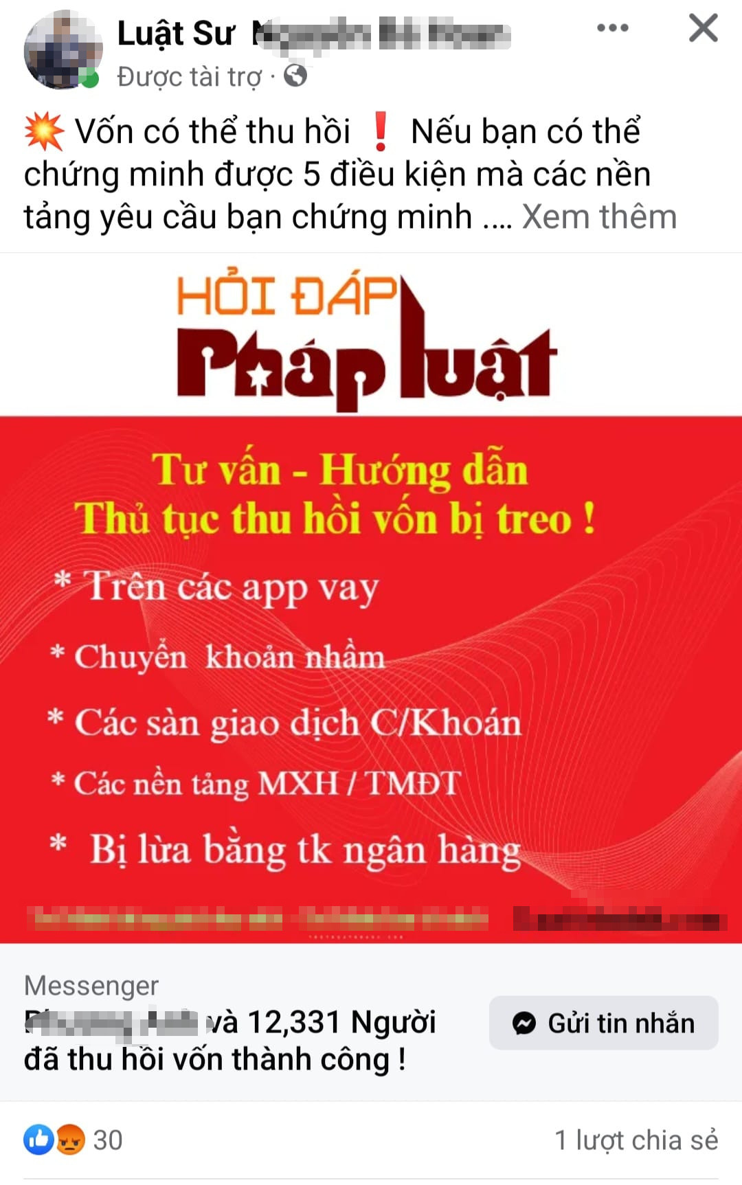 Nhiều trang Facebook quảng cáo luật sư lấy lại tiền lừa đảo. Nhiều trang Facebook quảng cáo luật sư lấy lại tiền lừa đảo.