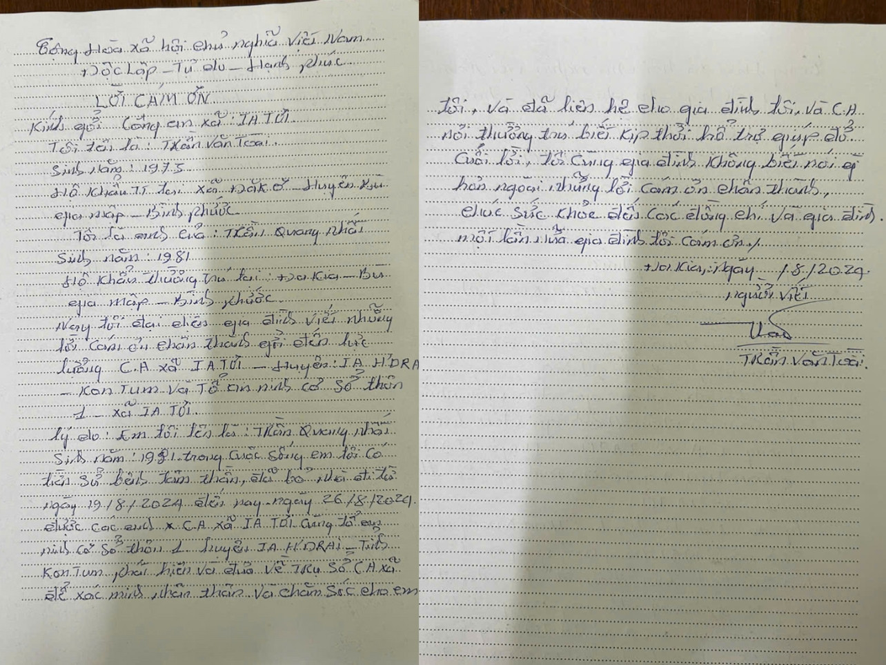 Thư cảm ơn của gia đình ông Trần Quang Nhất