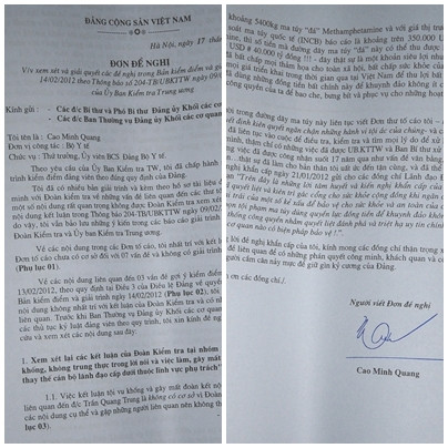 Đơn đề nghị của ông Quang với Ban Thường vụ Đảng ủy Khối cơ quan Trung Ương