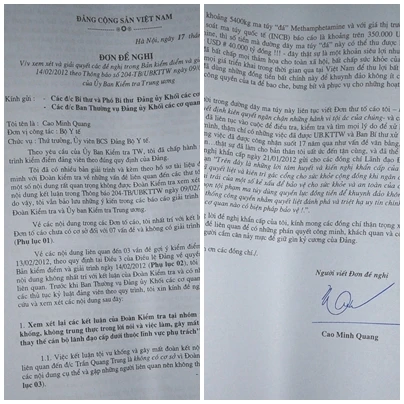 Đơn đề nghị của ông Quang với Ban Thường vụ Đảng ủy Khối cơ quan Trung Ương