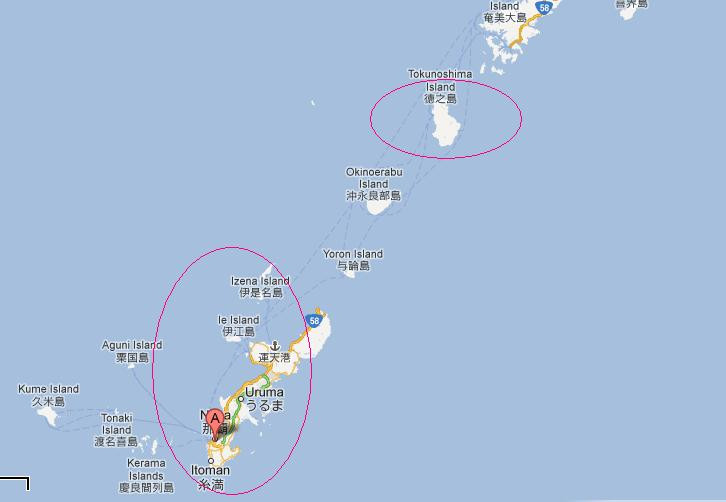 Vòng tròn lớn là khu vực Tu-16 xâm nhập đầu tiên ở Okinawa (chữ A là căn cứ Naha), vòng tròn nhỏ là đảo Tokunoshima, phía đông bắc Okinawa - địa điểm xâm nhập lần 2