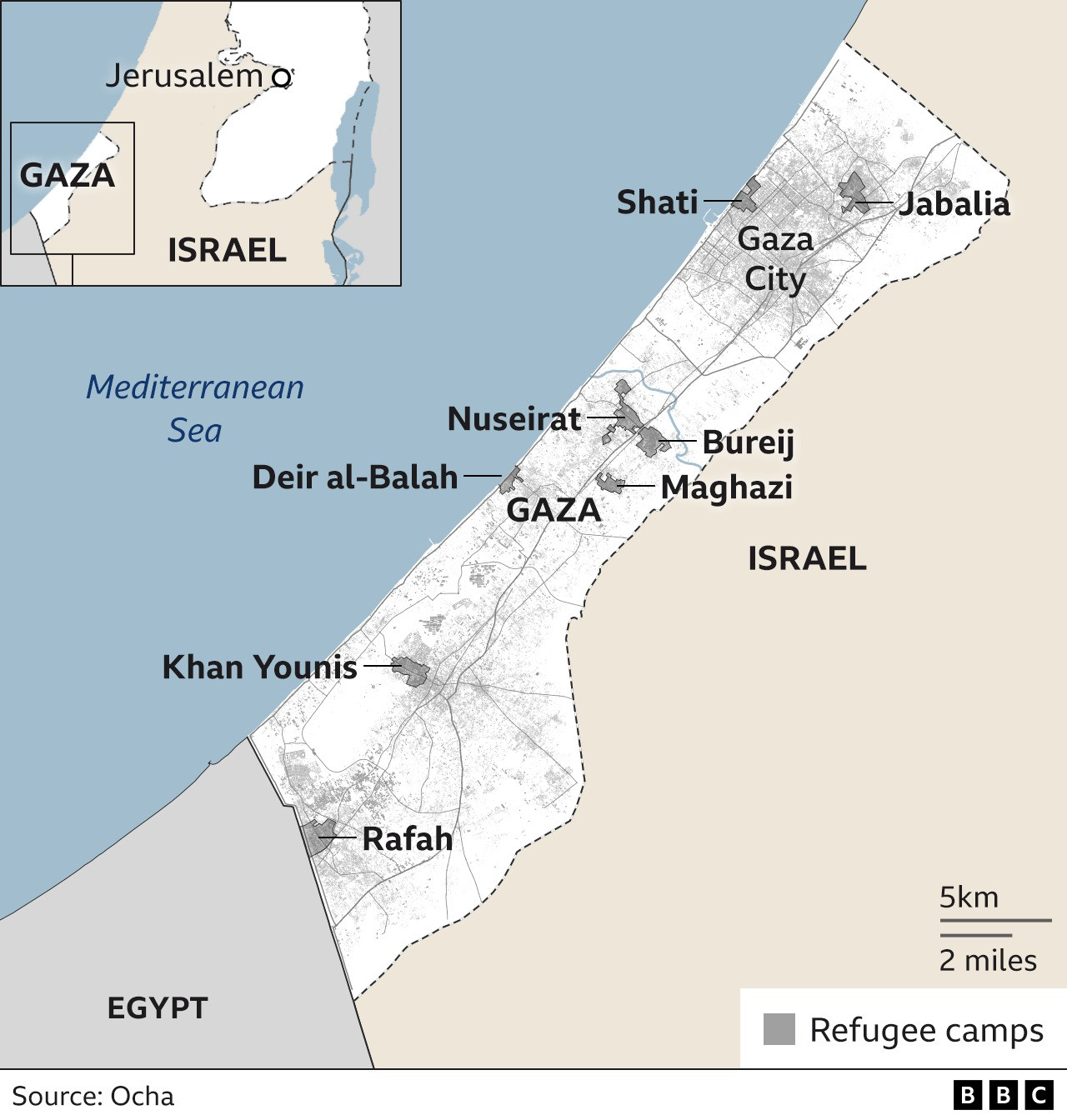 Bản đồ Dải Gaza. Nguồn: BBC