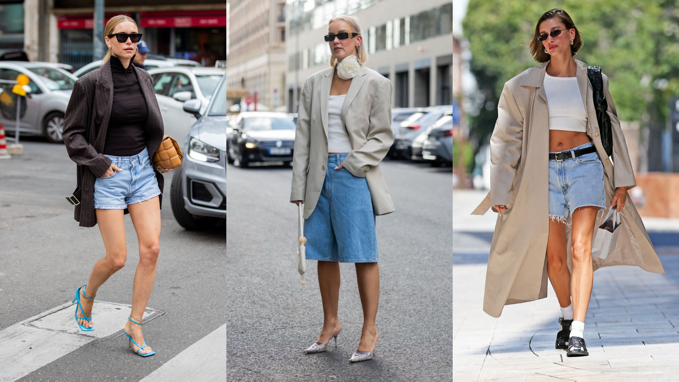 Quần short denim trông lịch sự hơn khi phối với blazer hoặc áo khoác dáng dài và giày cao gót.