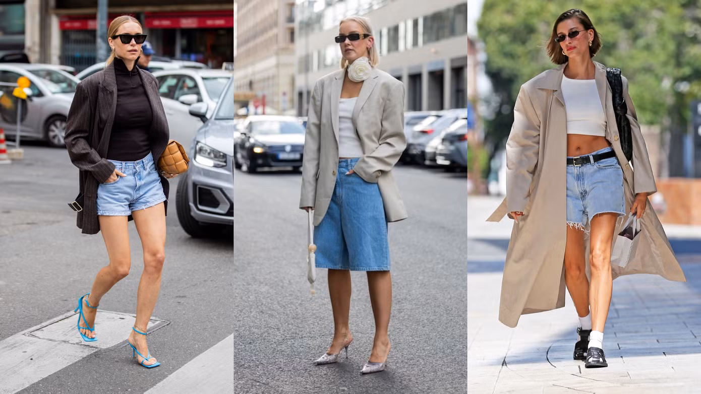 Quần short denim trông lịch sự hơn khi phối với blazer hoặc áo khoác dáng dài và giày cao gót.