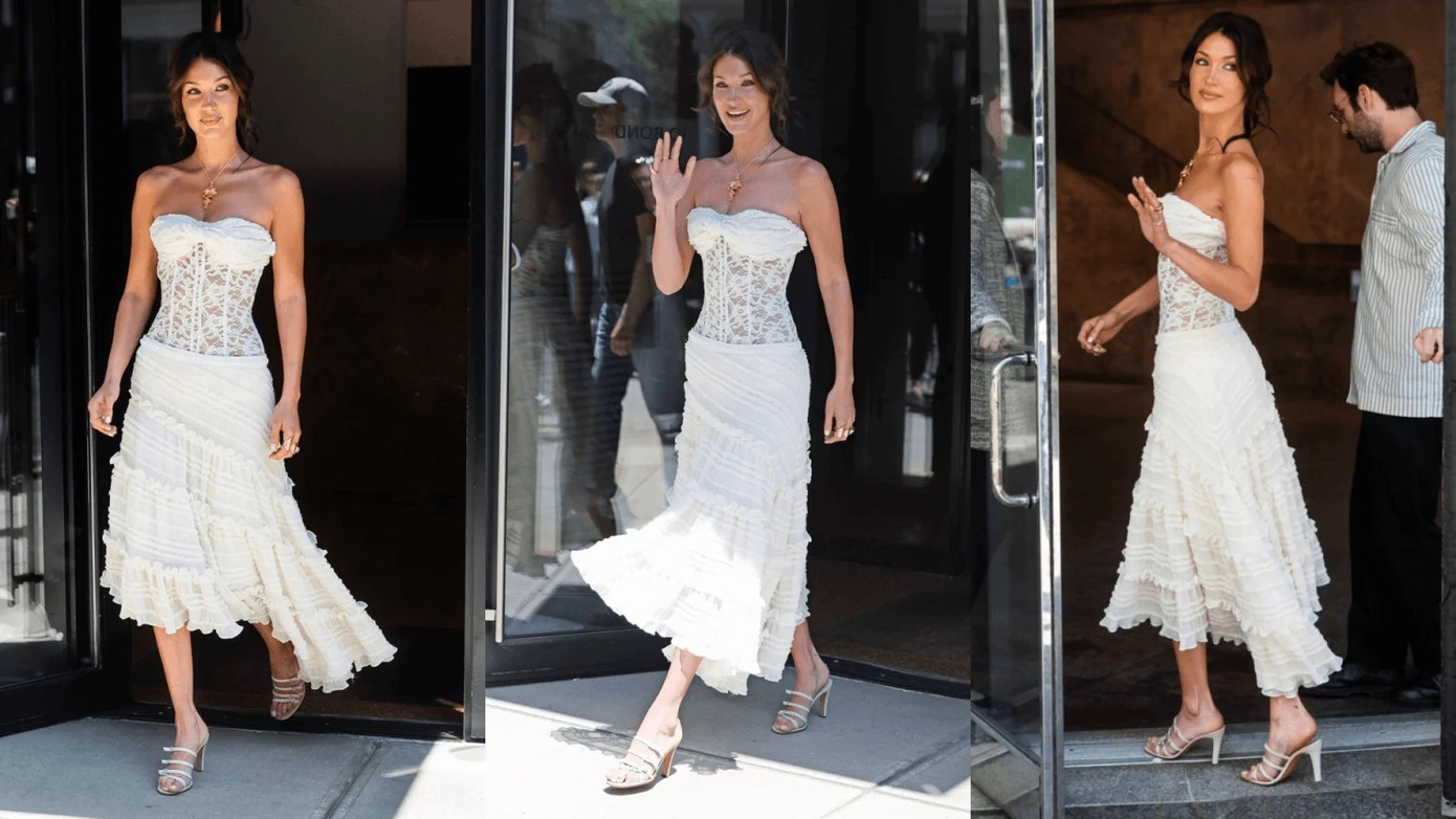 Hadid kết hợp chiếc váy với đôi sandal cao gót quai ngang màu trắng vintage của Chanel. Hadid kết hợp chiếc váy với đôi sandal cao gót quai ngang màu trắng vintage của Chanel.