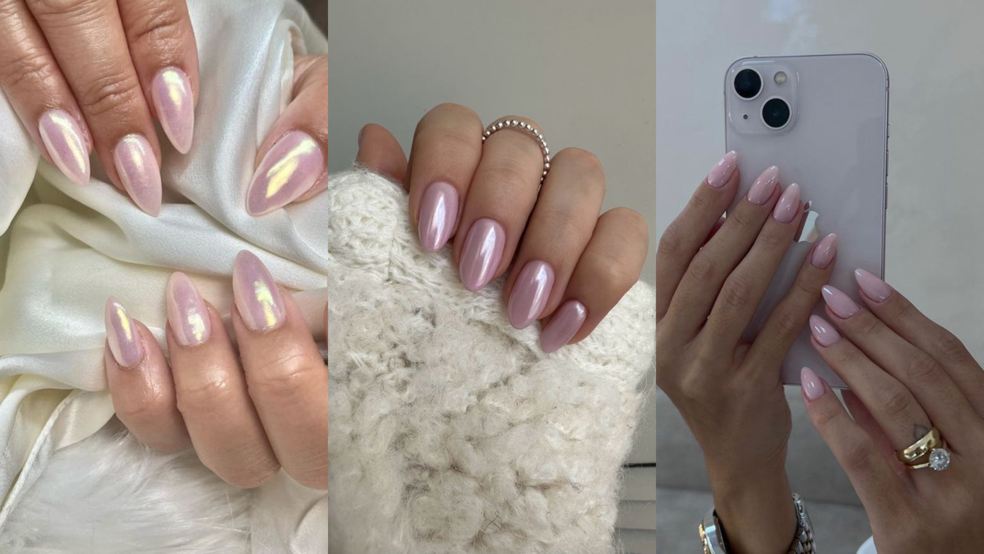 Những bộ nail màu hồng sữa với hiệu ứng gradient ảo ảnh, hay lớp ánh kim lấp lánh.