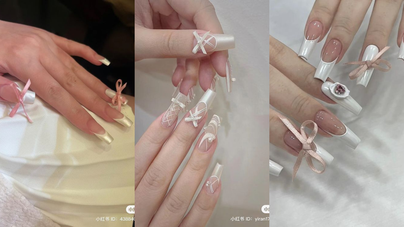 Nails Coquette thơ mộng của bạn sẽ sống động hơn với những chiếc nơ nhỏ nhắn.