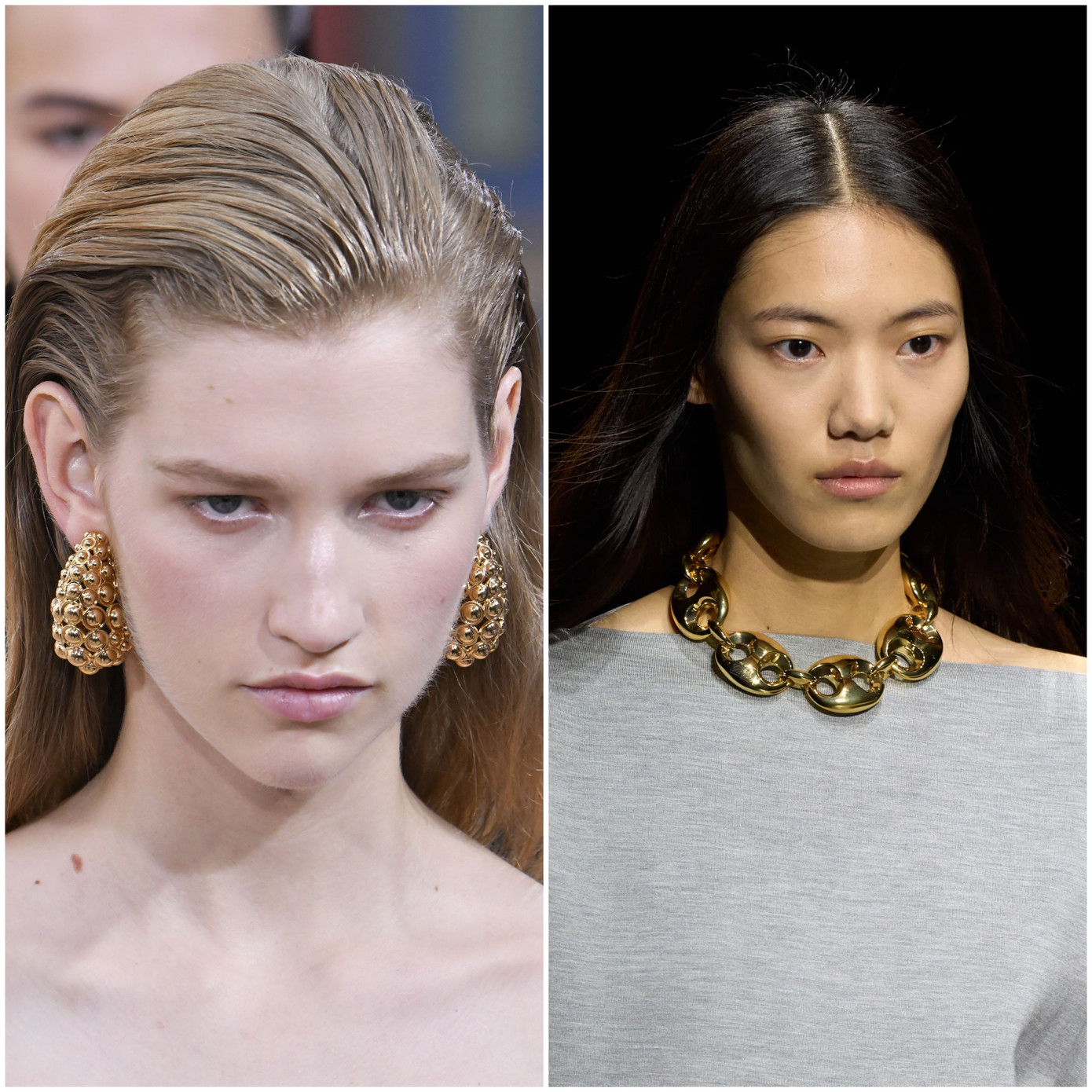 Xu hướng trang sức ấn tượng hoặc có thiết kế bản lớn cũng được chú ý trên các sàn diễn Tom Ford, Alaïa và Khaite. Xu hướng trang sức ấn tượng hoặc có thiết kế bản lớn cũng được chú ý trên các sàn diễn Tom Ford, Alaïa và Khaite.