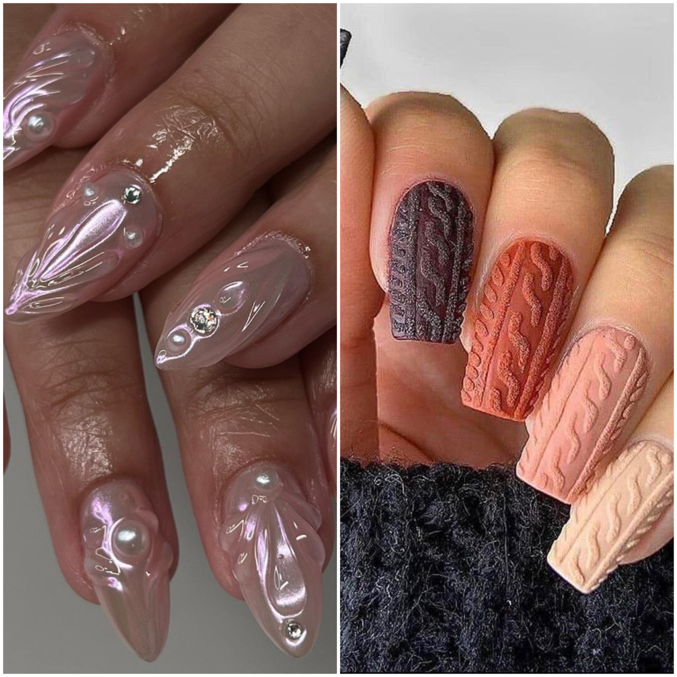 Những chi tiết vẽ nổi 3D như vải len, hoa hay pha lê lấp lánh sẽ tăng thêm chiều sâu cho bộ móng của bạn.